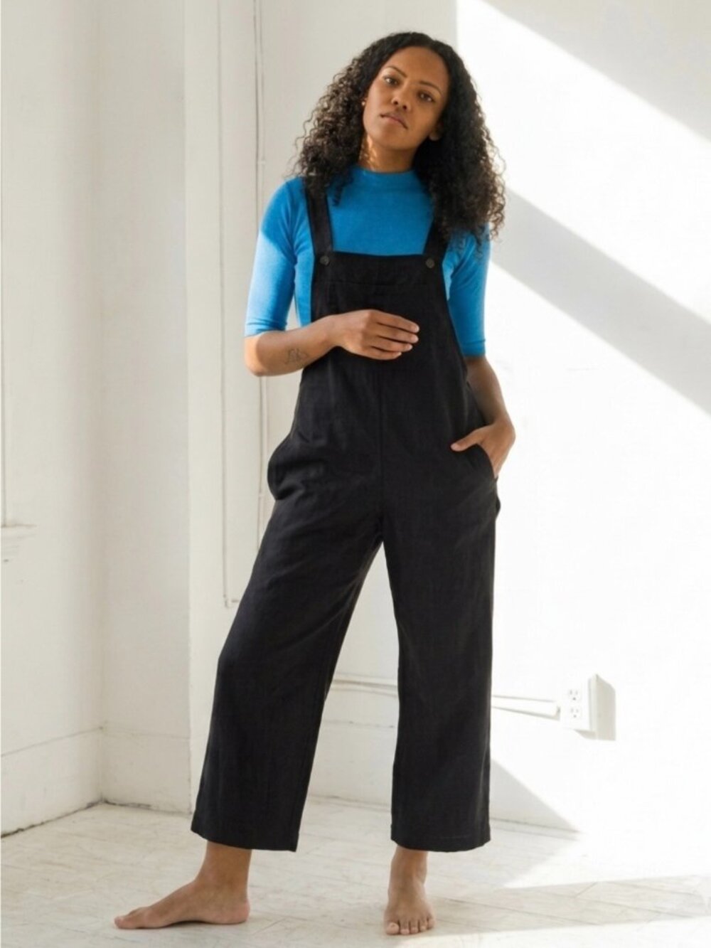 Me & Arrow Linen Blend Wide Leg Overalls Jumpsuit Sz L Cropped Grunge